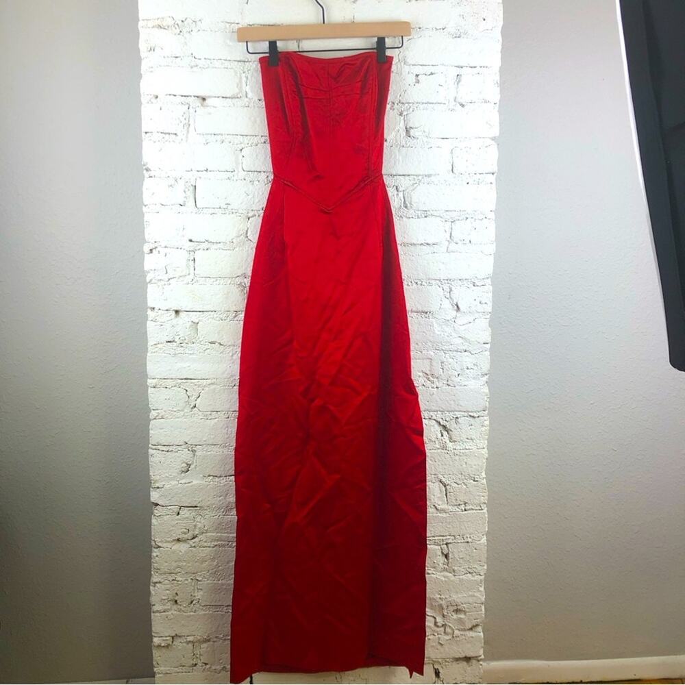 Vintage Red Metallic Strapless Corset Back Maxi Dress